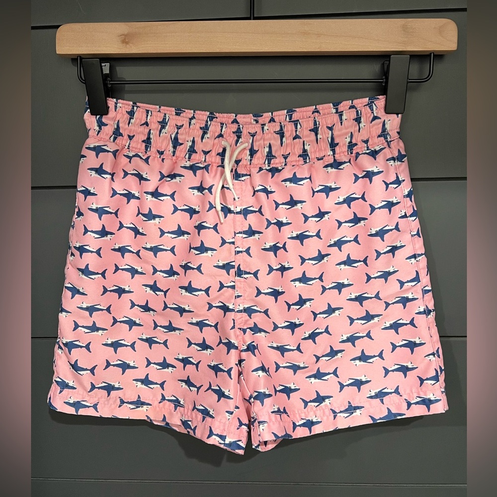 Janie and Jack Boys Swim trunks Pink/Navy Shark Print